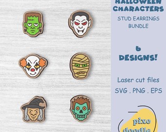 Halloween earrings SVG bundle | Horror character earrings svg | Halloween monsters stud earrings glowforge ready laser cut file