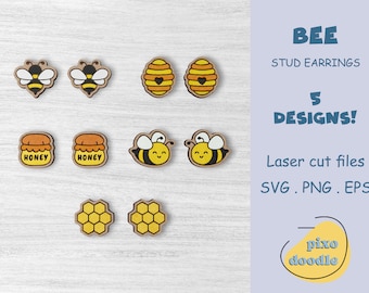 Bee stud earrings SVG bundle | Cute bumblebee earring glowforge ready laser cut file | Honey, hive, honeycomb mix and match earrings svg