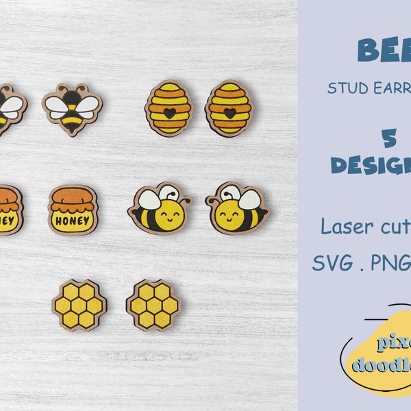 Bee stud earrings SVG bundle | Cute bumblebee earring glowforge ready laser cut file | Honey, hive, honeycomb mix and match earrings svg