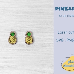 May include: A pair of pineapple stud earrings, laser cut from wood. The earrings are yellow with green tops and are shown on a white wooden background. The text "PINEAPPLE STUD EARRINGS" is in blue text on a light purple background. The text "Laser cut files SVG. PNG. EPS" is in blue text on a light purple background. The text "pixodoodle" is in blue text on a yellow background.