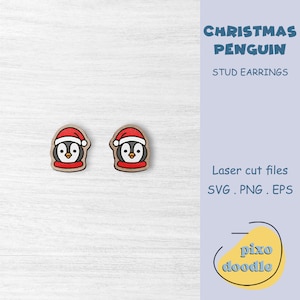 Archivo SVG de pendientes de pingüino navideño / Lindos pendientes de botón de pingüino con sombrero navideño Archivo de corte láser listo para Glowforge