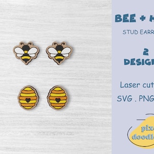 Bijen- en bijenkorf stud oorbellen SVG-bestand | Schattige hommeloorbel glowforge klaar lasergesneden bestand | Bee, hive mix en match oorbellen svg