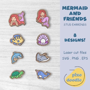 Meerjungfrau Ohrringe SVG Bundle | Mermaid and friends Ohrstecker glowforge ready laser cut Datei | Kleine Meerjungfrau Ohrringe