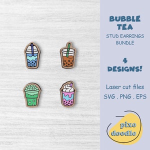 May include: Four designs of bubble tea stud earrings. The earrings are laser cut from wood and feature different colors and designs, including blue, green, pink, and brown. The text "BUBBLE TEA" and "STUD EARRINGS BUNDLE" is displayed in the upper right corner of the image. The text "4 DESIGNS!" is displayed below the text "BUNDLE". The text "Laser cut files SVG. PNG. EPS" is displayed below the text "4 DESIGNS!". The text "pizo doodle" is displayed in the lower right corner of the image.