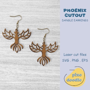 Fichier SVG de boucles d'oreilles découpées Phoenix | Boucles d'oreilles pendantes oiseau, phénix, fichier découpé au laser prêt pour la forge luminescente | Lime laser pour boucles d'oreilles