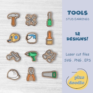 May include: Twelve colorful tool designs for laser cut stud earrings. The designs include a hammer, wrench, screwdriver, tape measure, paint can, paintbrush, dumbbells, drill, nails, hard hat, pliers, and a saw. The text "TOOLS STUD EARRINGS" and "12 DESIGNS!" are in the image. The text "Laser cut files SVG. PNG. EPS" and "pixo doodle" are also in the image.