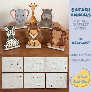 Può includere: Una collezione di kit di artigianato pop-out di animali della savana. Il set include una zebra, un leone, una scimmia, un elefante, una giraffa e un ippopotamo. Il testo sull'immagine dice "Safari Animals Pop Out Craft Kit Bundle 6 Designs!" e "Laser cut files SVG.PNG.EPS".