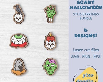 Paquete SVG de pendientes de Halloween aterradores / Archivo de corte láser listo para Glowforge de pendientes de botón de Halloween espeluznantes / Pendientes de calavera, lápida y zombi SVG