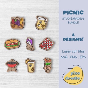 Picnic earrings SVG bundle | Picnic basket, sandwich, lemonade, kite, bbq stud earrings glowforge ready laser cut file | Earrings laser file