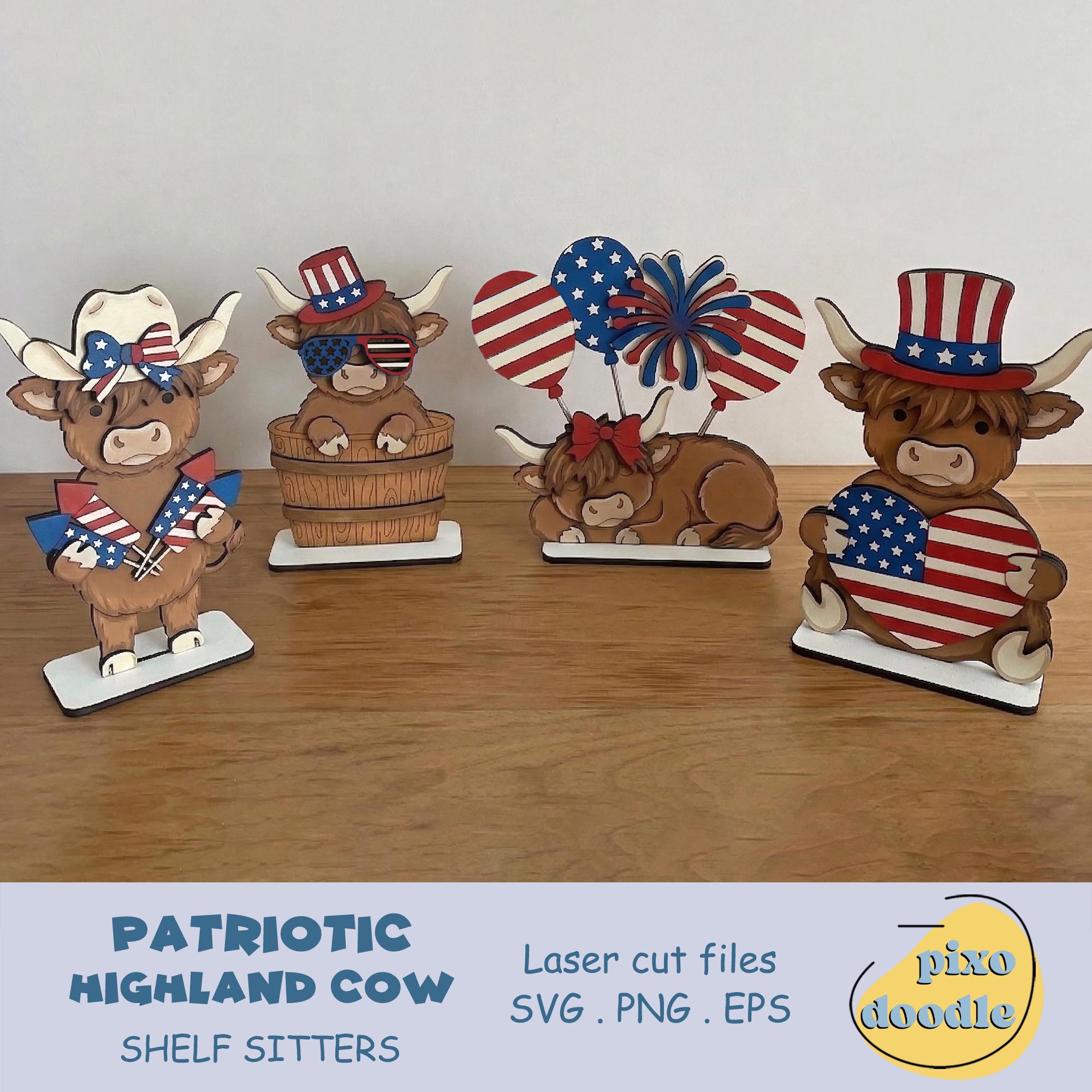 Patriotic Highland Cow Shelf Sitter SVG Bundle, 4th of July Laser Cut ...