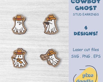 Cowboy ghost earrings SVG bundle | Cute halloween ghost stud earrings glowforge ready laser cut file | Ghost mix and match earrings svg