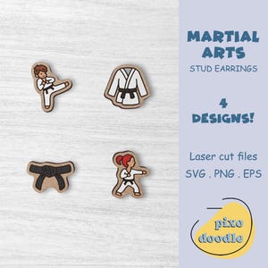 May include: Four designs for laser cut martial arts stud earrings. The designs include a karate gi, a black belt, and two karate fighters. The text "MARTIAL ARTS" and "STUD EARRINGS" is displayed in the upper right corner of the image. The text "4 DESIGNS!" is displayed below the text "STUD EARRINGS". The text "Laser cut files SVG. PNG. EPS" is displayed in the lower right corner of the image. The text "pixo doodle" is displayed in the lower right corner of the image.
