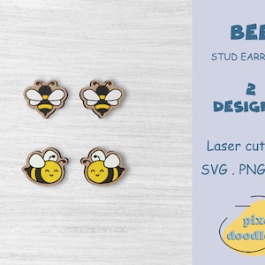 May include: Two designs of bee stud earrings. The first design is a simple bee with black and yellow stripes. The second design is a bee with a smiling face and black and yellow stripes. The earrings are laser cut and come in SVG, PNG, and EPS file formats.