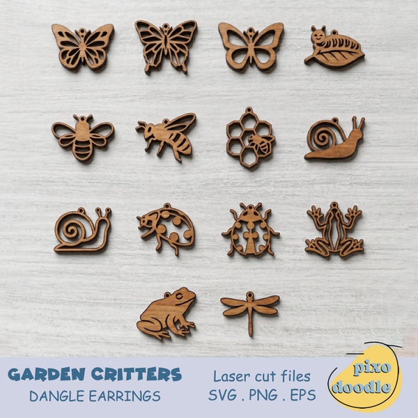 Garden Critter Earring SVG Bundle | 14 Bug & Insect Laser Cut Files | Cottagecore Jewelry for Glowforge | Butterfly Bee Frog Snail Digital