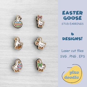 May include: Wooden stud earrings featuring six different Easter goose designs. Each earring is laser cut and depicts a goose with Easter-themed elements, such as an egg, a basket, or bunny ears. The text "Easter Goose Stud Earrings" is also visible.