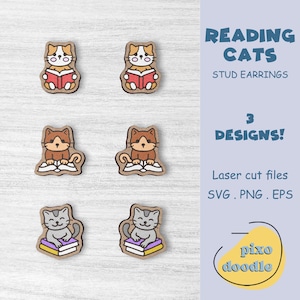 Reading cat earrings SVG | Cute kitten with book stud earrings glowforge ready laser cut file
