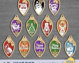 Christmas Ornament SVG Bundle, 12 Multi Layer Laser Cut Files, Light Bulb Ornaments, Snowman, Reindeer for Cricut, Silhouette, Glowforge
