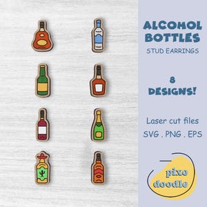 File SVG per orecchini con bottiglie di alcol / Orecchini a bottone con bottiglie di bevande, vino, whisky, tequila, birra, vodka, cognac, file tagliato al laser glowforge ready