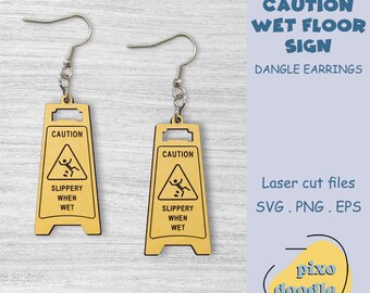 Pendientes con señal de precaución de suelo mojado (archivo SVG) / Pendientes divertidos, pendientes de seguridad, pendientes colgantes con la advertencia "resbaladizo cuando está mojado" (archivo listo para corte láser Glowforge)