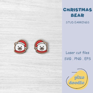 May include: A pair of wooden stud earrings featuring a white polar bear wearing a red Santa hat. The earrings are laser cut and come in SVG, PNG, and EPS file formats. The text "CHRISTMAS BEAR STUD EARRINGS" and "pixo doodle" are also visible in the image.