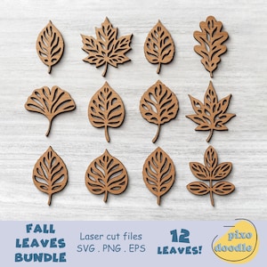 May include: A collection of twelve brown laser-cut wooden leaf shapes featuring intricate cutout vein patterns. The set includes various botanical silhouettes such as maple, oak, and ginkgo leaves arranged in a grid. Text reads FALL LEAVES BUNDLE.