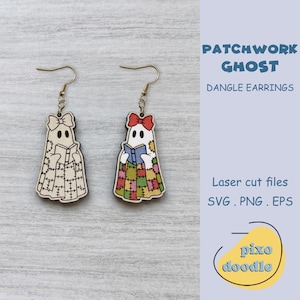 Patchwork Ghost Earring SVG | Reading Bookworm laserskuren fil | Söt kuslig quilt-hängsel för Glowforge | Cottagecore Halloween-smycken SVG