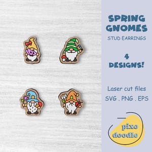 Bundle SVG di orecchini gnomi primaverili / Gnomi con farfalla, fungo, coccinella, orecchini a bottone con fiori glowforge ready file tagliato al laser