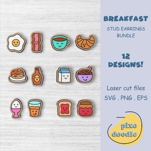 Pacote SVG de brincos de café da manhã kawaii | Brincos de pino fofos para café da manhã, combinação perfeita, arquivo de corte a laser pronto para glowforge