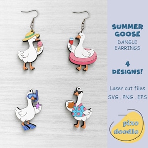 May include: Summer Goose dangle earrings in four designs. Each earring features a white goose with a black outline, wearing summer accessories like a hat, floatie, and sunglasses. The earrings are laser cut files.