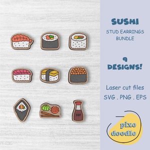 Könnte beinhalten: Neun verschiedene Sushi-Designs für Laser-Schnittohrringe. Die Designs umfassen verschiedene Sushi-Arten, darunter Nigiri, Maki und Sashimi. Die Designs sind im Cartoon-Stil mit leuchtenden Farben gezeichnet. Der Text "SUSHI STUD EARRINGS BUNDLE" und "9 DESIGNS!" wird auf der rechten Seite des Bildes angezeigt. Der Text "Laser cut files SVG. PNG. EPS" und "pizo doodle" wird unten rechts im Bild angezeigt.