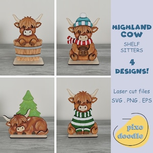 May include: Four wooden Highland cow shelf sitters in different designs. One cow sits in a wooden bucket, another wears a hat and scarf, a third rests near a tree, and the last wears a striped sweater. The text "HIGHLAND COW SHELF SITTERS 4 DESIGNS!" is also visible.