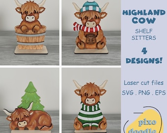 Highland Cow Shelf Sitter SVG Bundle, Highland Cow Laser Cut Files, Farmhouse Tiered Tray Decor, Standing Highland Cow SVG for Glowforge
