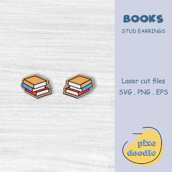 Books earrings SVG file | Book lover, library, school stud earrings glowforge ready laser cut file