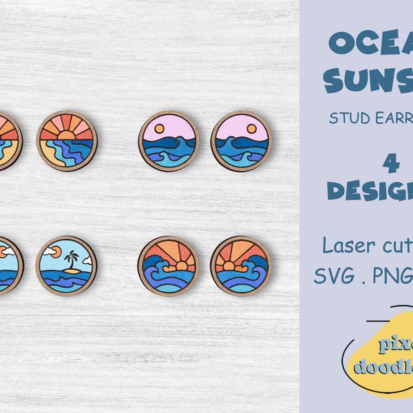 Ocean sunset earrings SVG file | Sunrise sunset over ocean waves stud earring glowforge ready laser cut file | Beach earrings svg