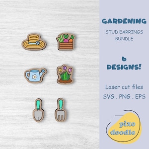 Paquete SVG de pendientes de jardinería / Primavera, herramientas de jardinería, sombrero para el sol, regadera, pendientes de botón con flores, archivo de corte láser listo para Glowforge