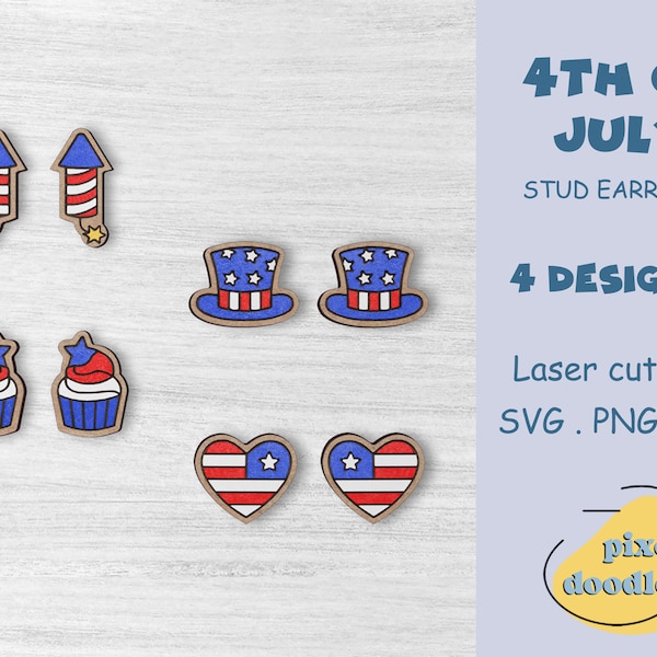 4th of July stud earrings SVG file | Set of 4 patriotic earrings glowforge ready laser cut file | American flag, firecracker stud svg