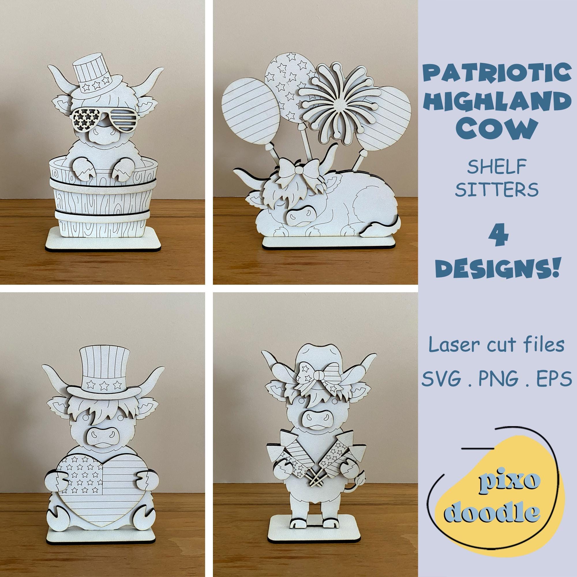 Patriotic Highland Cow Shelf Sitter SVG Bundle, 4th of July Laser Cut ...