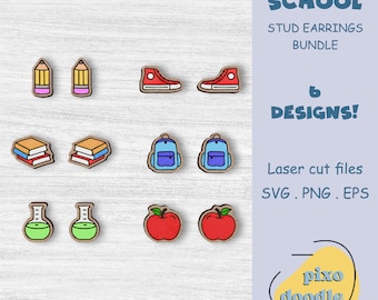 Op de afbeelding: Set van zes school-thema oorstekers. De oorstekers hebben een potlood, een rode sneaker, een stapel boeken, een blauwe rugzak, een groene beker en een rode appel. De oorstekers zijn lasergesneden en verkrijgbaar in SVG, PNG en EPS bestandsformaten.