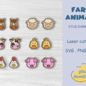 Cute farm animal stud earrings SVG bundle | Horse, sheep, cow, duck, chicken, pig earring glowforge ready laser cut file