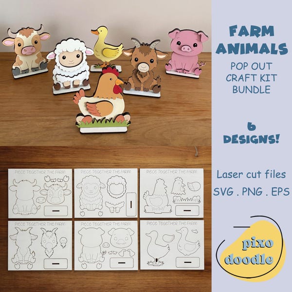 Farm Animals Pop Out Card SVG Bundle | DIY Kids Craft Kit | Birthday Paint Kit | Laser Cut Files for Glowforge | Farmhouse Nursery Decor