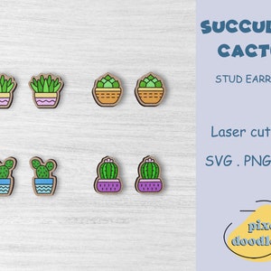 Succulent cactus stud earrings SVG bundle | Cute cactus succulent set glowforge ready laser engraved earring file