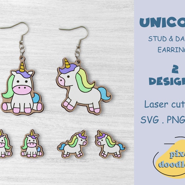 Unicorn earrings SVG file | Cute unicorn stud and dangle earrings glowforge ready laser cut file | Cute animal earrings svg file