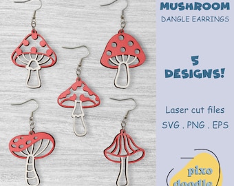 Mushroom earrings SVG bundle | Super cute mushroom dangle earrings glowforge ready laser cut file | Earrings laser file