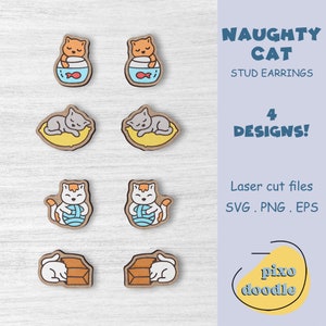 Cute cat earrings SVG bundle | Naughty cat, super cute kitten stud earrings glowforge ready laser cut file
