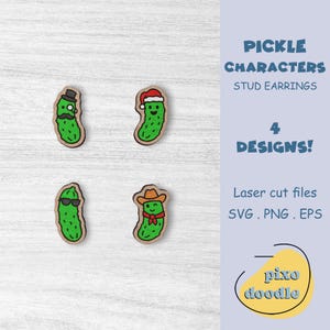 May include: Four stud earrings featuring green pickle characters with different designs: a top hat, Santa hat, sunglasses, and cowboy hat. The earrings are laser cut and have the text "PICKLE CHARACTERS STUD EARRINGS 4 DESIGNS!" and "pixo doodle".