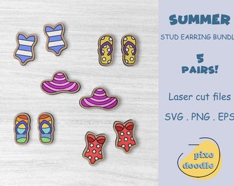 Summer beach stud earrings SVG bundle | Summer beach earring glowforge ready laser cut file