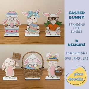 May include: Wooden Easter bunny figurines in various designs, including bunnies holding carrots, eggs, and baskets. The text "EASTER BUNNY STANDING FILE BUNDLE 6 DESIGNS!" is visible. Laser cut files in SVG, PNG, and EPS formats.