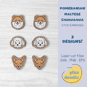 Dog earrings SVG bundle | Cute dogs, Pomeranian, Maltese, Chihuahua stud earrings glowforge ready laser cut file