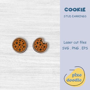 May include: A pair of wooden cookie stud earrings. The earrings are brown with a light brown outline and have a chocolate chip cookie design. The text "COOKIE STUD EARRINGS" is in the top right corner of the image. The text "Laser cut files SVG. PNG. EPS" is in the bottom right corner of the image.