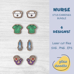 Nurse earrings SVG bundle | Nurse uniform, nurse hat, syringe, stethoscope stud earrings glowforge ready laser cut file